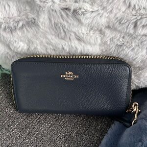 Coach Navy Pebbled Leather Zip-Around Wallet with Gold Logo